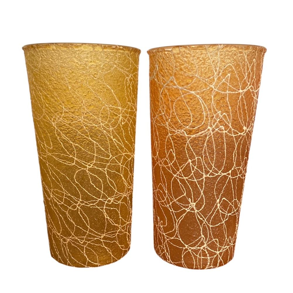 Vintage Spaghetti String Glasses 1970 Yellow Orange 5 1/2” Tall Barware Drinking